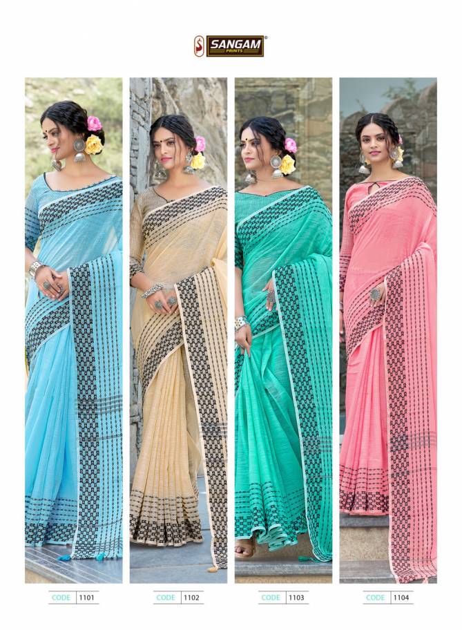 Sangam Rangeen Thread Work Ethnic Wear Linen Cotton Printed Saree Collection